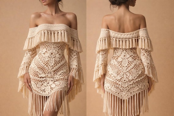 Crochet Fringe Dress Pattern, Off Shoulder Boho Dress PDF, Festival Lace Dress, Beach Cover Up Pattern