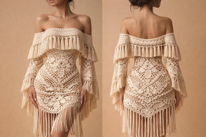 May include: Off-the-shoulder crochet dress in a cream color. The dress features long sleeves, a fitted bodice, and a fringed hem. The crochet design includes floral patterns and fringe detailing around the neckline and sleeves.