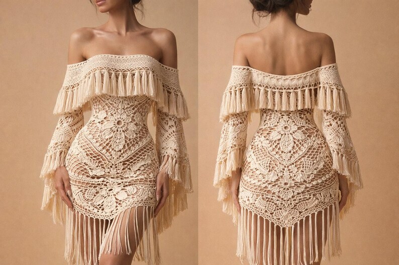 May include: Off-the-shoulder crochet dress in a cream color. The dress features long sleeves, a fitted bodice, and a fringed hemline. The crochet design includes floral patterns and fringe detailing around the neckline and sleeves.