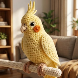 May include: A handcrafted, yellow crochet cockatiel sits on a white and beige crochet perch. The bird features a crest, orange cheek markings, and brown feet. The background includes a wooden shelf, a sofa, and plants.