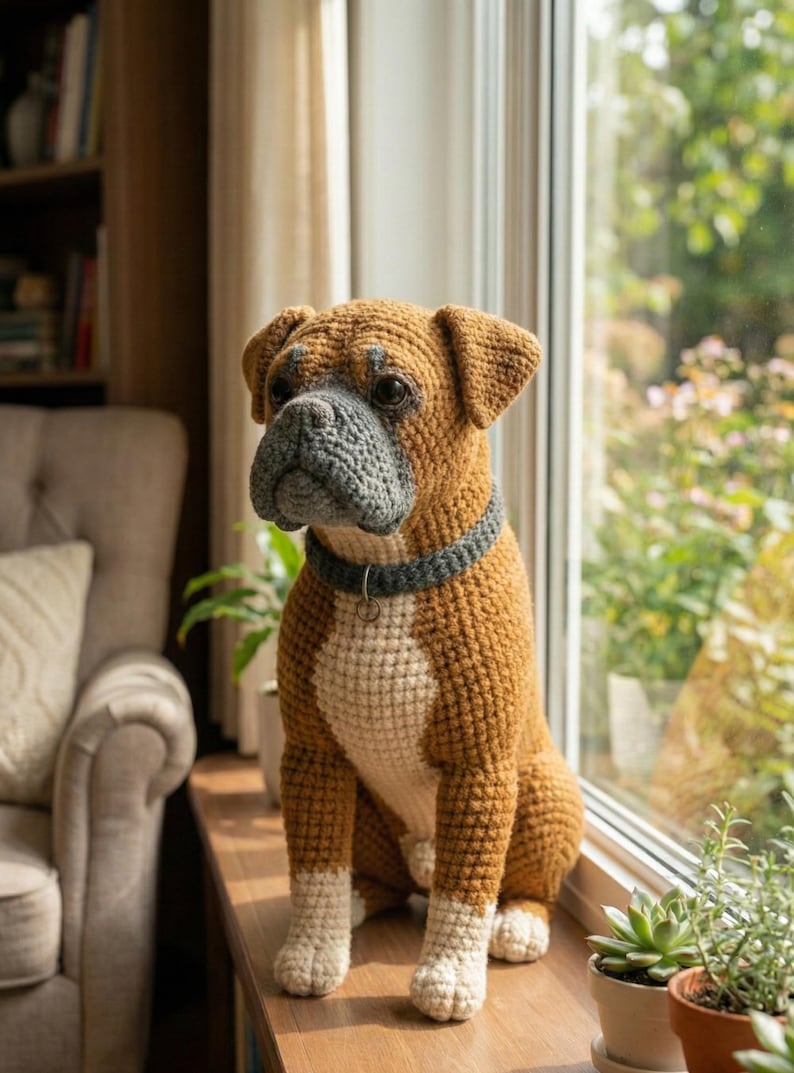Puede incluir: Figura de perro b&oacute;xer de ganchillo en tonos marr&oacute;n, gris y blanco, sentada en un alf&eacute;izar. El perro tiene un hocico y un collar grises, con patas y pecho blancos. El fondo incluye una ventana, plantas y un vistazo a una habitaci&oacute;n.