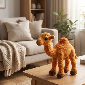 May include: A handmade, orange crochet camel is displayed on a wooden table. The camel features dark brown hooves and a detailed, textured pattern. The background includes a beige sofa, cushions, and a neutral-toned living room.