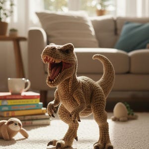 May include: A crocheted Tyrannosaurus Rex dinosaur toy in tan yarn with an open mouth, revealing pink inside. The dinosaur stands on a light-colored rug, with a sloth and other toys in the background. The dinosaur is approximately 12 inches tall.