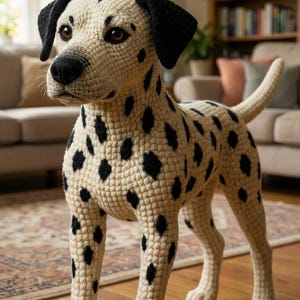 May include: A handcrafted, crochet Dalmatian dog sculpture. The dog features a cream-colored body with black spots, black ears, and a black nose. The dog is standing on all fours, with a tail raised. The sculpture is a decorative item.