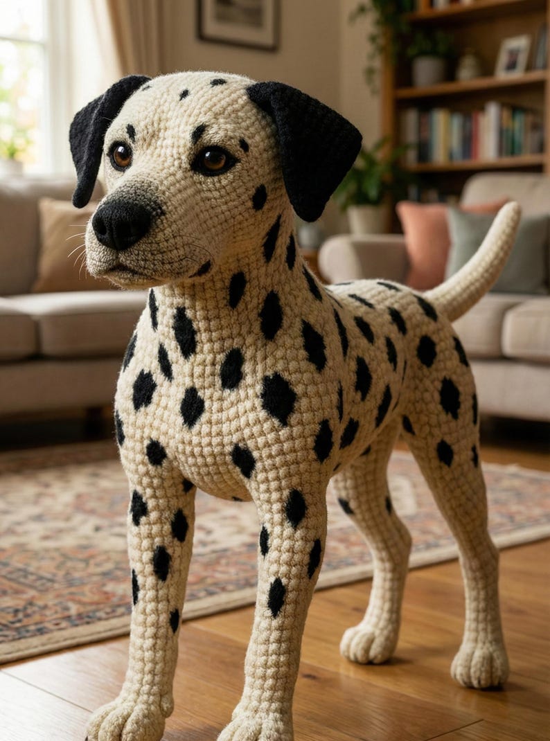 May include: A handcrafted, crochet Dalmatian dog sculpture. The dog features a cream-colored body with black spots, black ears, and a black nose. The dog is standing on all fours, with a tail raised. The sculpture is a decorative item.