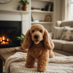 May include: A soft, golden-brown Cocker Spaniel dog toy stands on a wooden table covered with a cream knitted blanket. The toy dog has long, floppy ears and a happy expression. The background includes a fireplace and a sofa.
