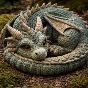 May include: A crocheted dragon in shades of green and tan, curled up on a bed of moss and leaves. The dragon has large, amber-colored eyes, horns, and wings. The handmade creature is a whimsical decorative item.