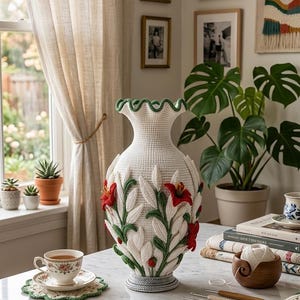 Puede incluir: Un jarrón blanco de ganchillo con detalles florales rojos y verdes. El jarrón está decorado con hojas blancas y flores rojas. Una taza y un platillo descansan sobre un tapete de ganchillo. Ganchos de ganchillo y lana sobre la mesa.