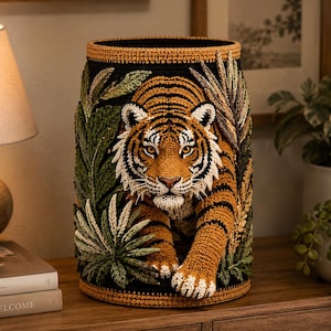 May include: A handcrafted, cylindrical vase featuring a detailed crochet tiger design. The tiger, in shades of orange, black, and white, is surrounded by green and beige foliage against a black background. The vase has a brown rim and base.