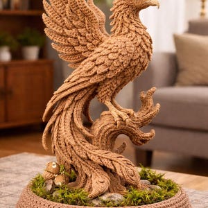 Peut inclure: Sculpture au crochet marron représentant un phénix perché sur une branche, les ailes déployées. La sculpture est posée sur une base ronde avec de la mousse et de petits champignons. Pièce faite à la main et décorative.