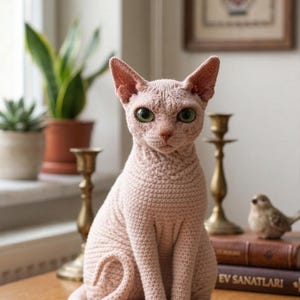 May include: A light pink crochet cat sculpture with large green eyes and pointed ears. The cat is seated upright on a wooden surface. The sculpture is a unique home decor item.