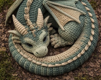 Patrón de ganchillo de dragón dormido realista (PDF), peluche de dragón enrollado amigurumi, tutorial escrito, descarga instantánea, juguete de fantasía