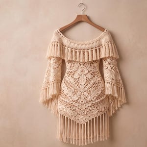 May include: Off-the-shoulder crochet dress in cream color, featuring intricate floral patterns and fringe detailing. The dress has long bell sleeves and is displayed on a wooden hanger. A bohemian style garment.