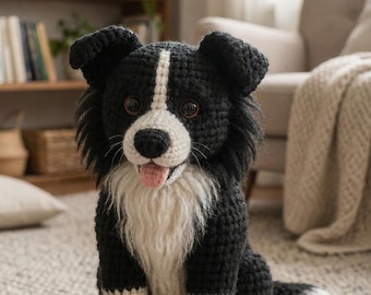 Patrón amigurumi de border collie realista: perro de crochet (PDF), cachorro de peluche blanco y negro, juguete para perro mediano DIY, idea de regalo para mascotas hecha a mano.