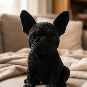 May include: A black crocheted French Bulldog dog figurine. The dog has large, upright ears, a short snout, and a seated posture. The figurine is made of a textured yarn and sits on a neutral-colored surface.