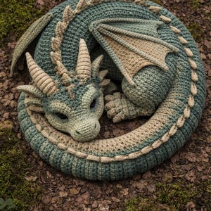 May include: A crocheted dragon in shades of green and tan, curled up on a bed of leaves and moss. The dragon has detailed features, including horns, wings, and scales. The handmade item is a whimsical decorative piece.