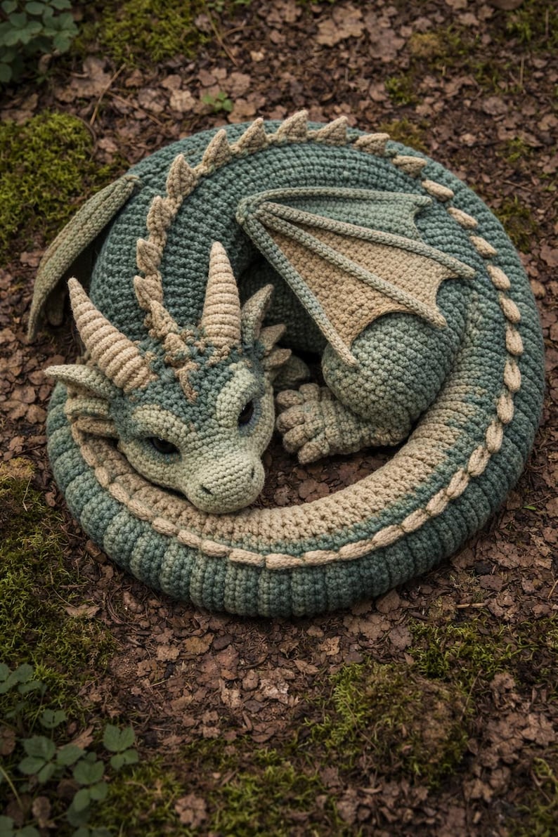 May include: A crocheted dragon in shades of green and tan, curled up on a bed of leaves and moss. The dragon has detailed features, including horns, wings, and scales. The handmade item is a whimsical decorative piece.