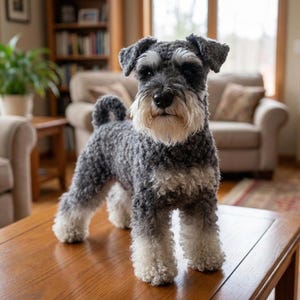 Könnte beinhalten: Eine handgefertigte Schnauzer-Hundefigur mit grau-weißem Fell, die auf einem Holztisch steht. Der Hund hat einen markanten Bart und Augenbrauen, mit weißem Fell an Beinen und Brust. Der Hintergrund zeigt eine Wohnzimmereinrichtung.