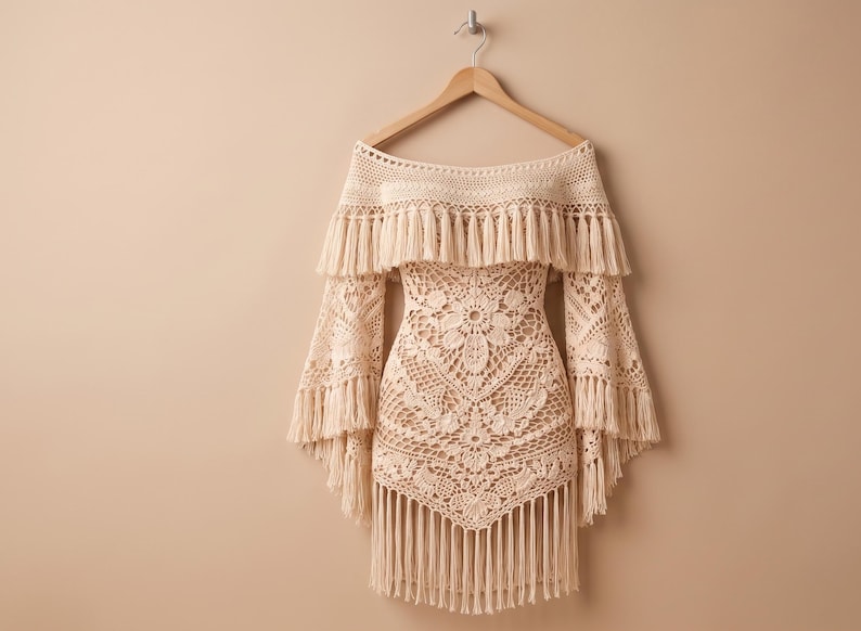 May include: Off-the-shoulder crochet dress in a cream color. The dress features a floral pattern on the bodice and long, flared sleeves. The neckline and sleeves are adorned with fringe, and the dress hangs from a wooden hanger.