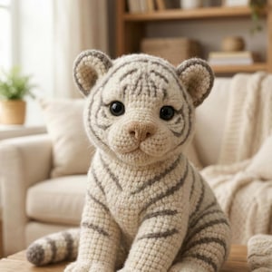Könnte beinhalten: Ein gehäkeltes Tigerjunges in Creme und Grau, mit dunklen Augen und einer hellbraunen Nase. Das handgefertigte Stofftier hat graue Streifen und sitzt auf einer Holzoberfläche. Das Tigerjunge ist ein weiches, kuscheliges Spielzeug.
