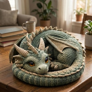 May include: A crocheted dragon sculpture in shades of green and tan, curled up on a wooden table. The dragon has detailed features, including horns, wings, and large orange eyes. The handmade fantasy creature is a decorative item.