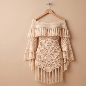 May include: Off-the-shoulder crochet dress in a cream color. The dress features a floral pattern on the bodice and long, flared sleeves. The neckline and sleeves are adorned with fringe, and the dress hangs from a wooden hanger.