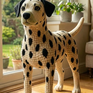 May include: A handcrafted crochet Dalmatian dog sculpture. The dog features a cream-colored body with black spots, black ears, and a black nose. The dog is standing on four legs and has a tail. The sculpture is approximately 24 inches tall.