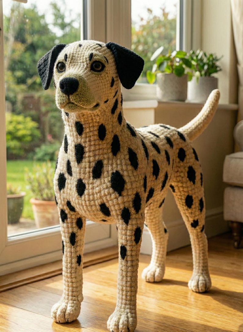 May include: A handcrafted crochet Dalmatian dog sculpture. The dog features a cream-colored body with black spots, black ears, and a black nose. The dog is standing on four legs and has a tail. The sculpture is approximately 24 inches tall.