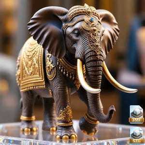 May include: A detailed figurine of an elephant, adorned with intricate gold embellishments. The elephant has large tusks and is wearing a decorative headdress. The statue is dark brown with gold accents and a blue gem. The elephant is standing on a clear surface.