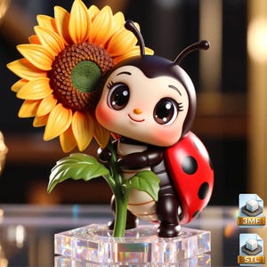 May include: A whimsical figurine of a ladybug holding a sunflower. The ladybug has a red shell with black spots, brown body, and large, expressive eyes. The sunflower is yellow with a brown center. The figurine is mounted on a clear, square base.