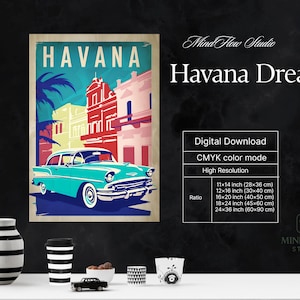 Havana Cuba Travel Poster, Vintage Car Wall Art, Retro City Print, Cuban Street Scene Digital Download, Colorful Home Decor