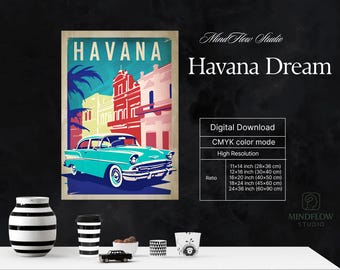 Havana Cuba Travel Poster, Vintage Car Wall Art, Retro City Print, Cuban Street Scene Digital Download, Colorful Home Decor