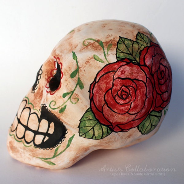 Vintage Red Rose Paper Mache Sugar Skull Day of the Dead Skull Decoration Display