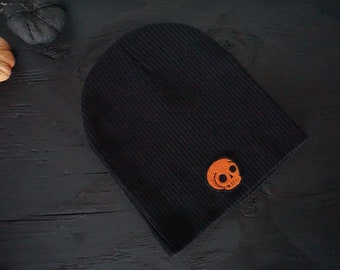 8" Skull Patch Black Beanie Ribbed Knit