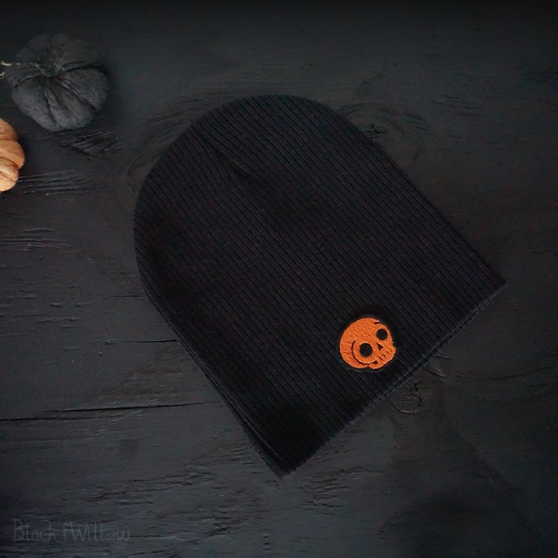 8 Skull Patch Black Beanie Ribbed Knit image 1