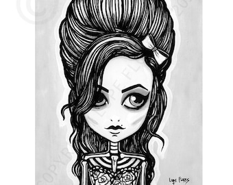 May include: Black and white illustration of a woman with a beehive hairstyle and a skeleton body. She has a bow in her hair and roses on her chest. The text "Amy" Art By Lupe Flores All Rights Reserved. Copyright ©2014 is at the bottom of the image.