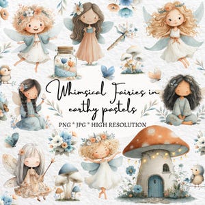 Whimsical Fairies in Earthy Pastels | Boho Pastel Forest Fairies | Printable Digital Download PNG JPG | Instant Art for Moms & Teachers