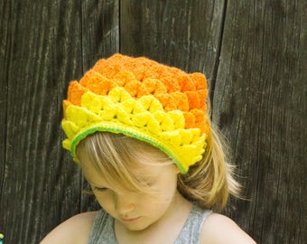 Dragon Scale Yellow Orange Kerchief, Ready To Ship, Hair Scarf, Mermaid Scale scarf, Festival Headpiece Bandana, Crochet Headband
