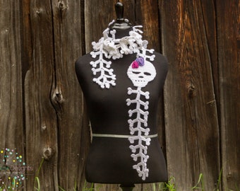 Skull & Spine Scarf, MADE TO ORDER, Free Shipping, Skeleton scarf, Skull Accessory, Skull Flowers, Bones Scarf, Halloween