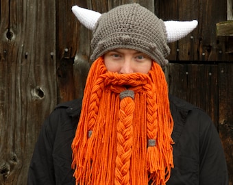 Viking Hat with Beard Teen or Adult Size  --  Custom Made to Order Crochet Bearded Hat