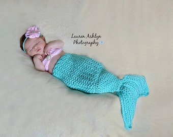 Newborn Mermaid Set MADE TO ORDER, Crochet Mermaid Tail, Baby Mermaid Tail Set, Mermaid Costume, Free Shipping, Baby Shower Gift, Photo Prop