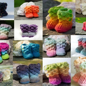 May include: A collection of colorful crocheted baby booties with a scale-like pattern. The booties are in various colors, including pink, blue, green, purple, and white. Some booties have buttons.