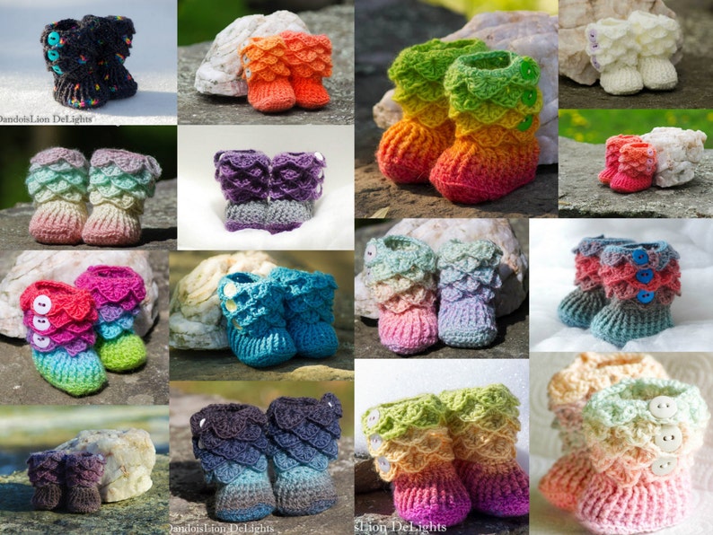 May include: A collection of colorful crocheted baby booties with a scale-like pattern. The booties are in various colors, including pink, blue, green, purple, and white. Some booties have buttons.