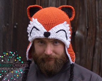 Fox Crochet Hat --MADE TO ORDER--Teen, Adult Size, Earflap hat, Forest Animal Hat, Woodland Creatures, Winter Hat, Ski Gear