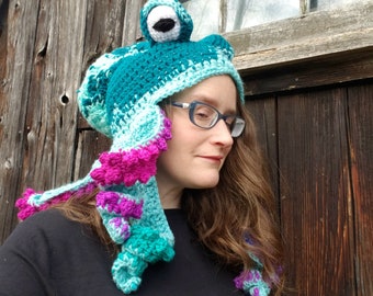 Teal Octopus Hat, CUSTOM ORDER, Large Child/Adult Size, Rainbow Kraken Hat, Halloween Costume, Festival Wear, Cthulhu, Cosplay, Ocean Animal