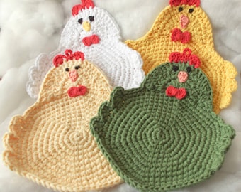 Chicken Rooster Potholder Crochet Set of 4--Made To Order--Trivet, Hot Pad, Pot Holder, Dishcloth, Kitchen Chicken, Swanky Chicken, Rooster