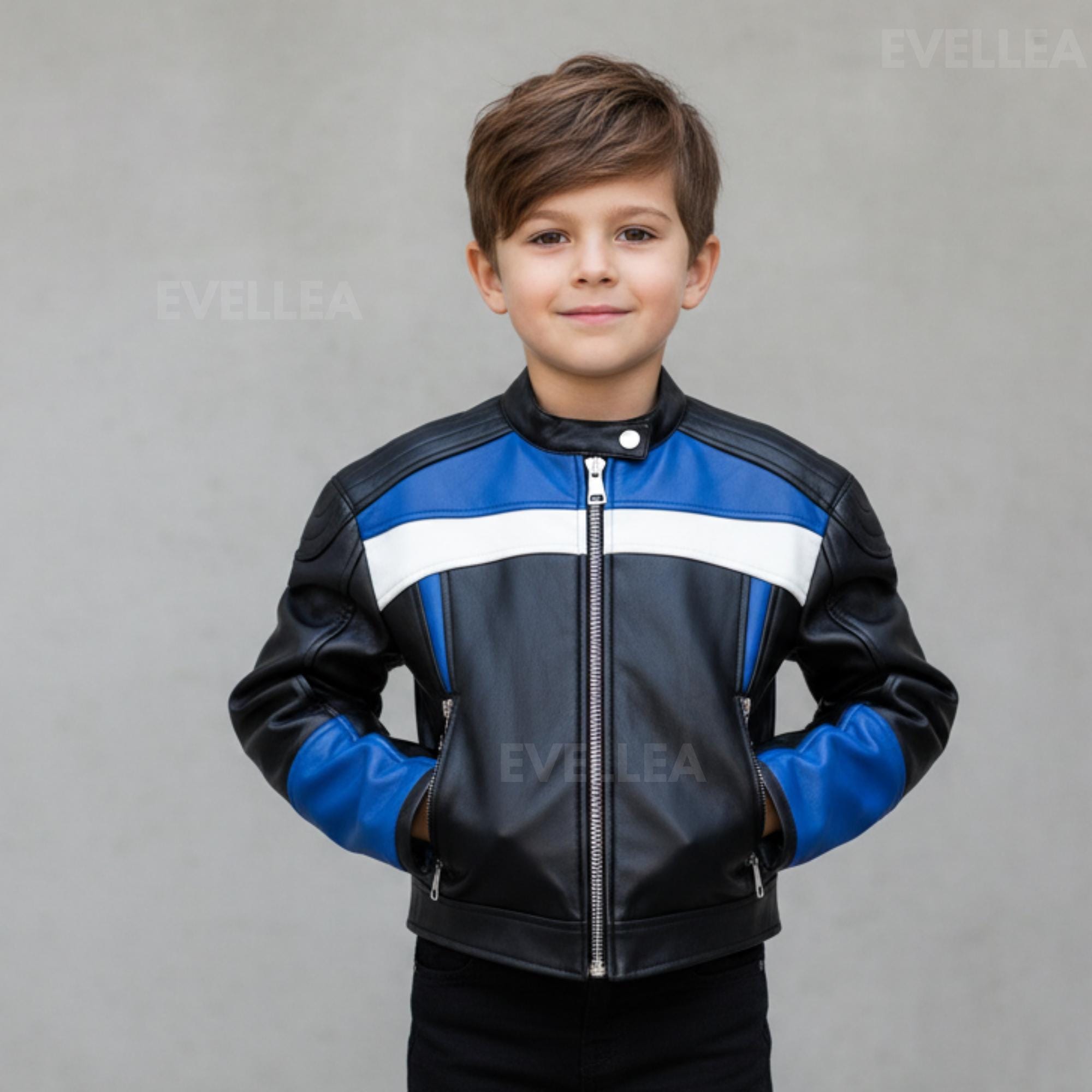 Kids Genuine Leather Biker Jacket – Blue & White, Unisex Style - Etsy