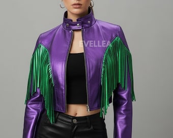 Purple Metallic Leather Fringe Jacket | Green Trim, Cropped Moto Style