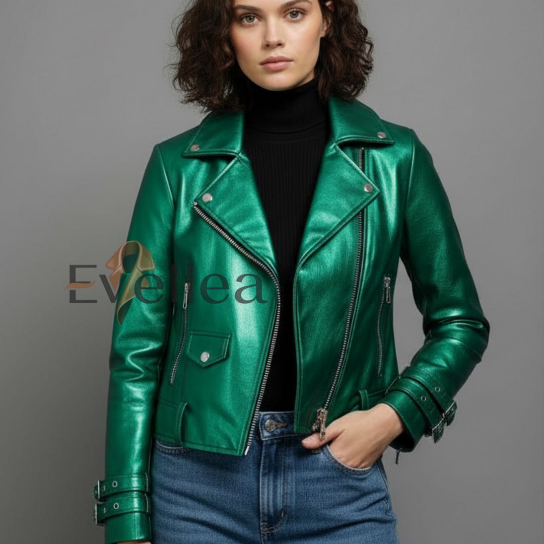 Metallic Green Leather Biker Jacket: Unisex Quilted Moto Jacket - Etsy