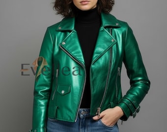 Metallic grüne Leder Bikerjacke: Unisex Gesteppte Moto Jacke